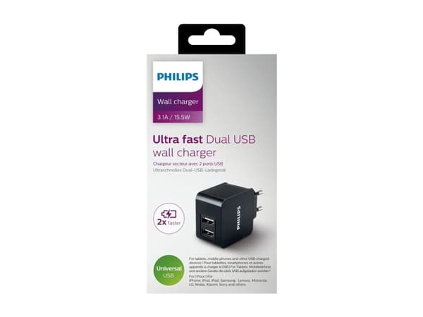 Philips USB-väggladdare DLP2307/12, inomhus, AC, 5 V, 3,1 A, Svart Svart