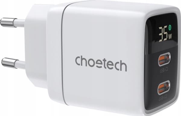 Choetech PD6051 2x USB-C PD 35W GaN vegglader med skjerm - hvit