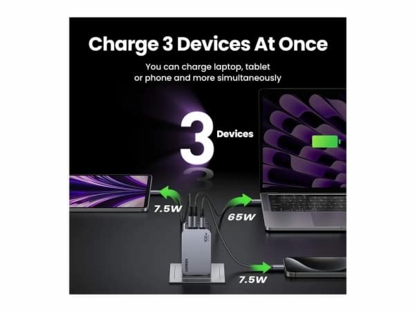 Ugreen Nexode Pro EU 3-porttinen GaN PD -pikalaturi USB-C-kaapelilla, sisäkäyttöinen, AC, musta, harmaa