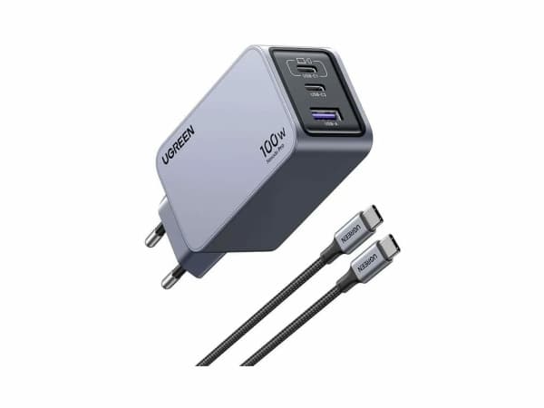 Ugreen Nexode Pro EU 3-porttinen GaN PD -pikalaturi USB-C-kaapelilla, sisäkäyttöinen, AC, musta, harmaa musta, Harmaa