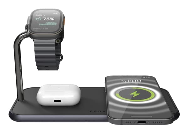 ZENS Dual+Watch Aluminium Wireless Charger - Trådlös laddningsplatta/laddningsstativ - magnetisk + växelströmsadapter - 20 Watt - Apple Fast Charge,