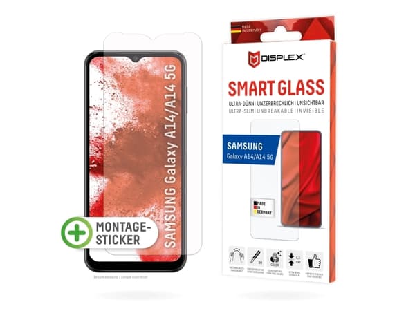Displex 01835, Samsung, Galaxy A14 5G, Asennus kuivana, Iskunkestävä, Naarmuuntumisenkestävä, Pölynkestävä, Läpinäkyvä, 1 kpl