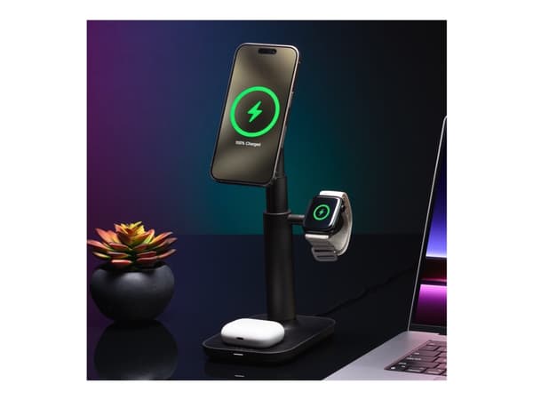 mophie 3-in-1 - Trådløst ladestativ - uttrekkbar, med MagSafe + AC-strømadapter - 15 watt - MFI-sertifisert - Europa