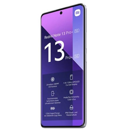 Xiaomi Note 13 Pro+ i Aurora lilla farve, 6,67"", AMOLED, 1220 x 2712 pixels, med Mediatek Dimensity 7200 Ultra-processor, 12