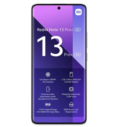 Xiaomi Note 13 Pro+ i Aurora lilla farve, 6,67"", AMOLED, 1220 x 2712 pixels, med Mediatek Dimensity 7200 Ultra-processor, 12