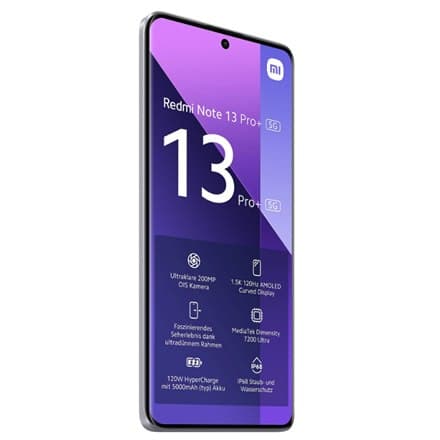 Xiaomi Note 13 Pro+ i Aurora lilla farve, 6,67"", AMOLED, 1220 x 2712 pixels, med Mediatek Dimensity 7200 Ultra-processor, 12