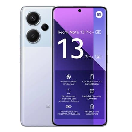 Xiaomi Note 13 Pro+ i Aurora lilla farve, 6,67"", AMOLED, 1220 x 2712 pixels, med Mediatek Dimensity 7200 Ultra-processor, 12 Lilla