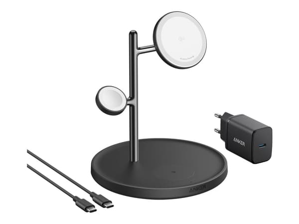 Anker MagGo - Trådløs ladepute - 3-i-1 + AC-strømadapter - 25 watt - 3 utgangskontakter (trådløs lading) - svart