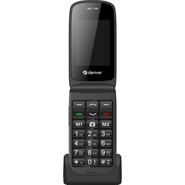 Denver 4G-knapptelefon med 2,4" fargeskjerm, Bluetooth, SOS-knapp, flip-modell Sort