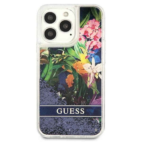 Guess Liquid Glitter Flower – iPhone 13 Pro -kotelo (sininen)