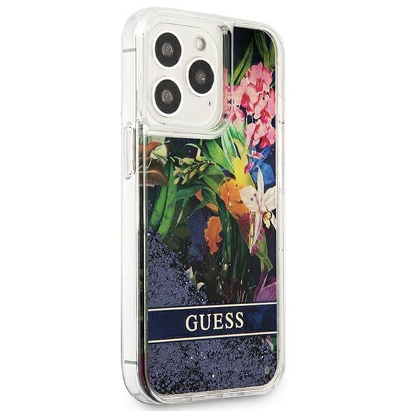 Guess Liquid Glitter Flower – iPhone 13 Pro -kotelo (sininen)