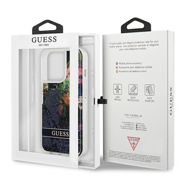 Guess Liquid Glitter Flower – iPhone 13 Pro -kotelo (sininen)