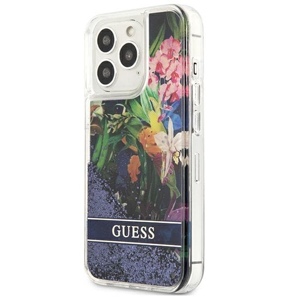 Guess Liquid Glitter Flower – iPhone 13 Pro -kotelo (sininen)
