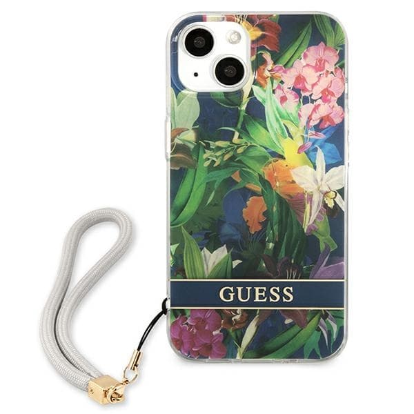 Guess Flower Cord - iPhone 13 etui med snor (blå)