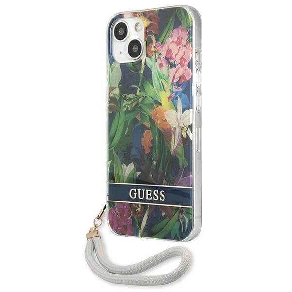 Guess Flower Cord - iPhone 13 etui med snor (blå)