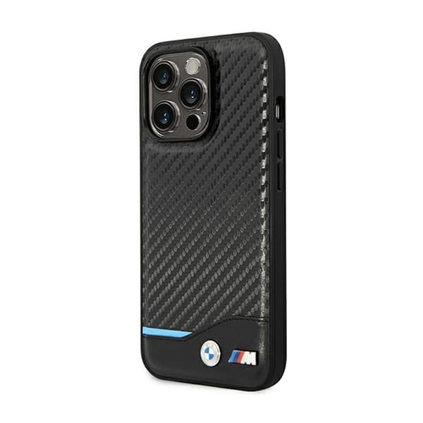 BMW Læder Carbon Blue Line – iPhone 14 Pro etui (sort)