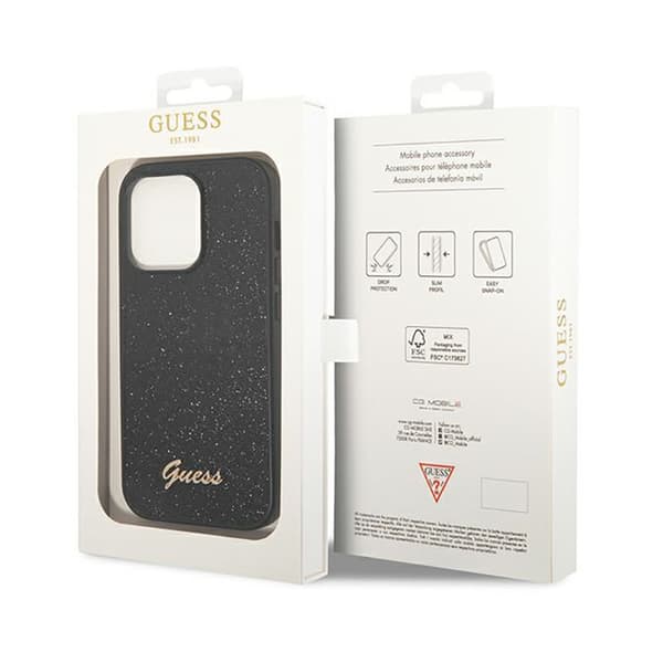 Guess Glitter Flakes metallilogokotelo – iPhone 14 Pro -kotelo (musta)