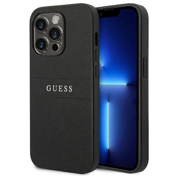 Guess Saffiano Metal Logo Stripes - iPhone 14 Pro etui (sort)