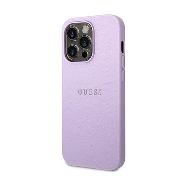 Guess Saffiano Metal Logo Stripes - iPhone 14 Pro etui (lilla)