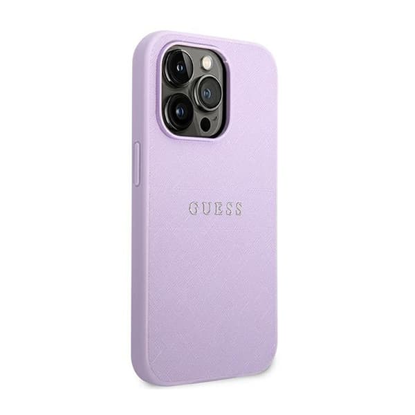 Guess Saffiano Metal Logo Stripes - iPhone 14 Pro etui (lilla)