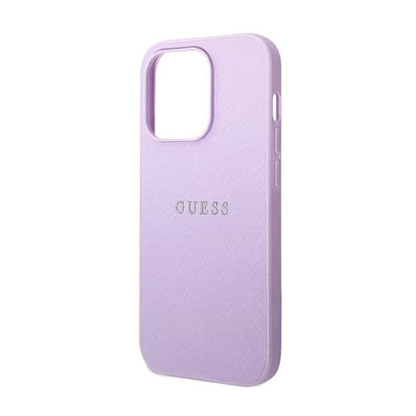 Guess Saffiano Metal Logo Stripes - iPhone 14 Pro etui (lilla)