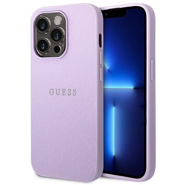 Guess Saffiano Metal Logo Stripes - iPhone 14 Pro etui (lilla)
