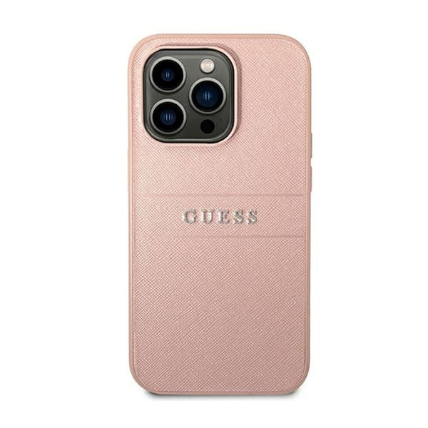 Guess Saffiano Metal Logo Stripes - iPhone 14 Pro Cover (Pink)