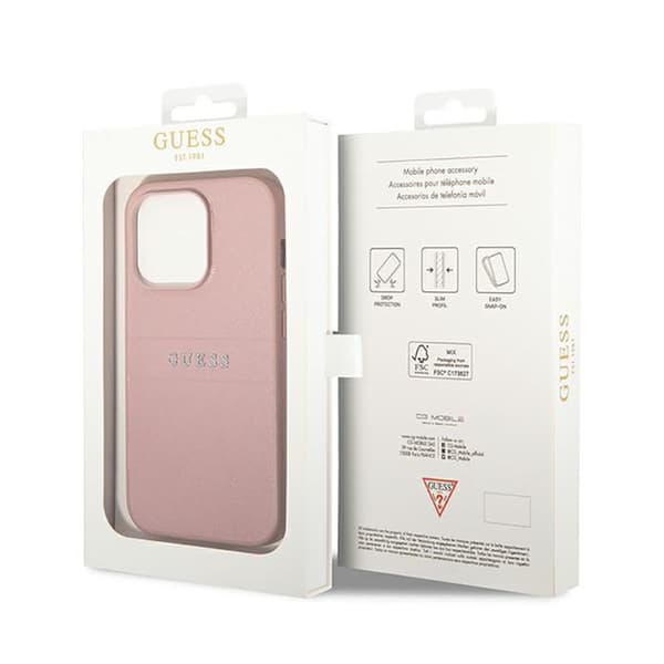 Guess Saffiano Metal Logo Stripes - iPhone 14 Pro Cover (Pink)