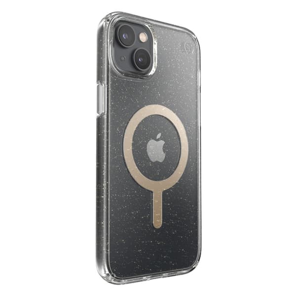 Speck Presidio Perfect-Clear med Glitter + MagSafe - iPhone 15 Plus / 14 Plus Fodral med MICROBAN-beläggning (Clear / Gold Glitter)