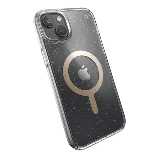 Speck Presidio Perfect-Clear med Glitter + MagSafe - iPhone 15 Plus / 14 Plus Fodral med MICROBAN-beläggning (Clear / Gold Glitter)