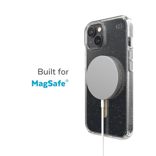Speck Presidio Perfect-Clear med Glitter + MagSafe - iPhone 15 Plus / 14 Plus Fodral med MICROBAN-beläggning (Clear / Gold Glitter)