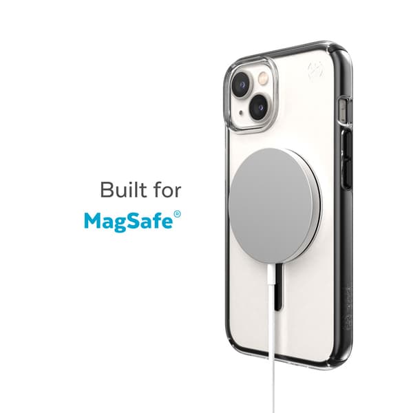 Speck Presidio Perfect-Clear iskugeometrialla + MagSafe - iPhone 15 Plus / 14 Plus -kotelo MICROBAN-pinnoitteella (kirkas / musta)