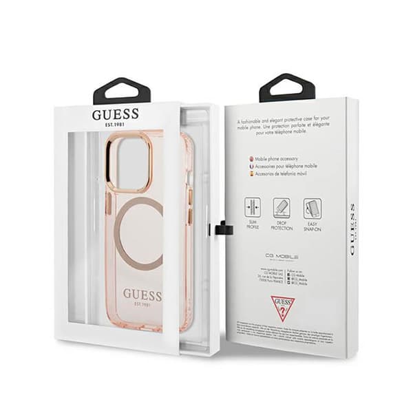 Guess Gold Outline Translucent MagSafe - iPhone 13 Pro Max etui (Pink)