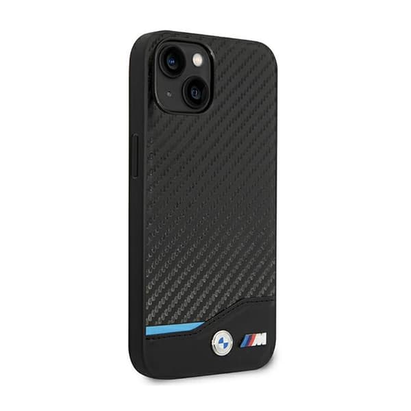 BMW Læder Carbon Blue Line – iPhone 14 Plus etui (sort)