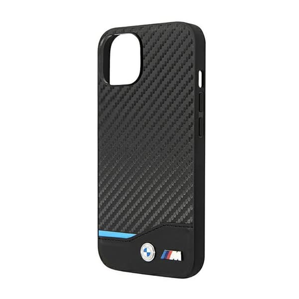 BMW Læder Carbon Blue Line – iPhone 14 Plus etui (sort)