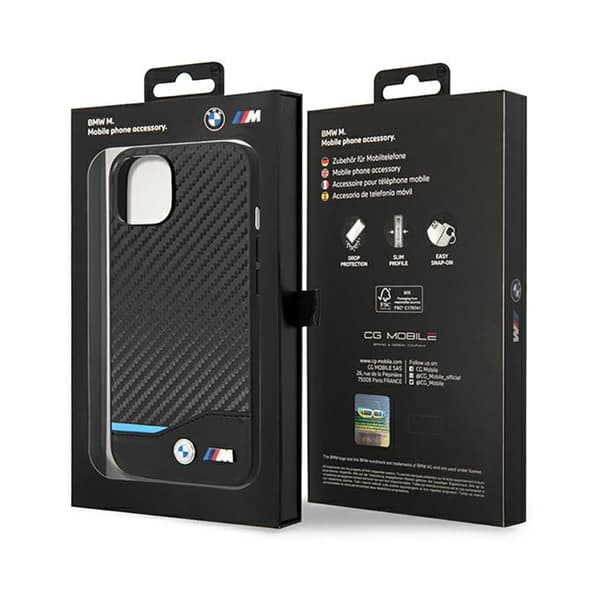 BMW Læder Carbon Blue Line – iPhone 14 Plus etui (sort)