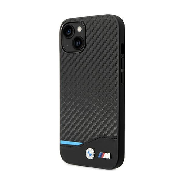 BMW Læder Carbon Blue Line – iPhone 14 Plus etui (sort)