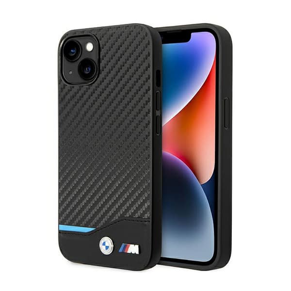 BMW Læder Carbon Blue Line – iPhone 14 Plus etui (sort)