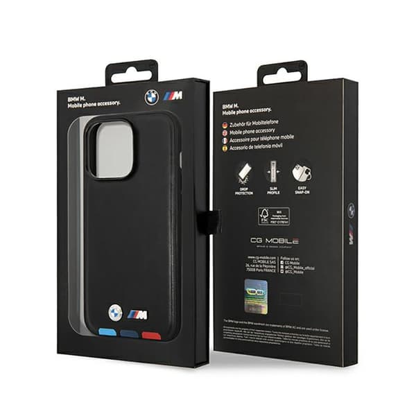 BMW Leather Hot Stamp Tricolor MagSafe – iPhone 14 Pro -kotelo (musta)