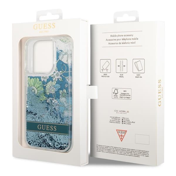 Guess Liquid Glitter Flower – iPhone 14 Pro Max -kotelo (vihreä)