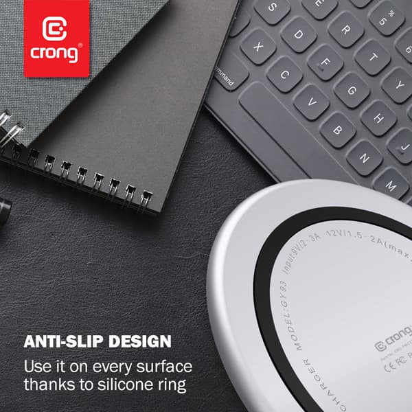 Crong PowerSpot Fast Wireless Charger – Aluminium Qi 15W USB-C trådløs oplader med hærdet glasbelægning (sølvhvid)