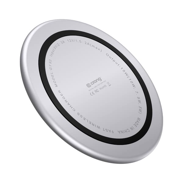 Crong PowerSpot Fast Wireless Charger – Aluminium Qi 15W USB-C trådløs oplader med hærdet glasbelægning (sølvhvid)