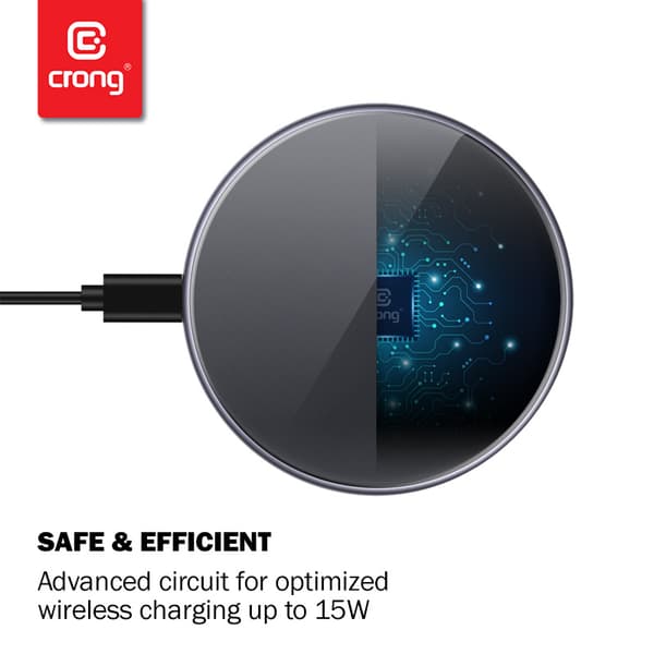 Langaton Crong PowerSpot -pikalaturi – alumiininen Qi 15 W:n langaton USB-C-laturi karkaistulla lasipinnoitteella (Shadow Black)