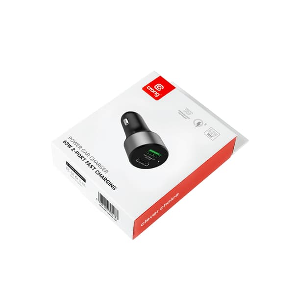 Crong Power Biloplader 63W – USB-C PD 45W + USB QC 3.0 18W biloplader (sort)
