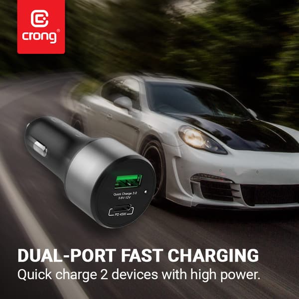 Crong Power Biloplader 63W – USB-C PD 45W + USB QC 3.0 18W biloplader (sort)