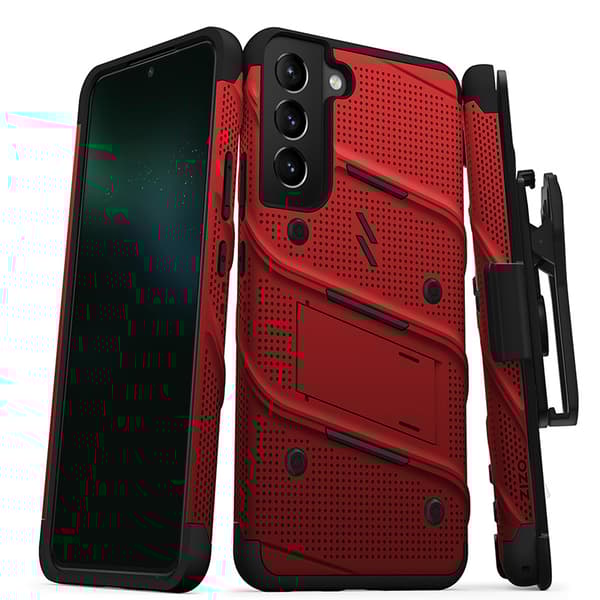 ZIZO BOLT Series - Pansret etui til Samsung Galaxy S22+ med 9H glasskærm + holder med stativ (rød)