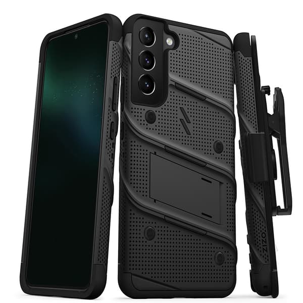 ZIZO BOLT -sarja - Panssarikotelo Samsung Galaxy S22+:lle 9H lasinäytöllä + pidike jalustalla (musta)