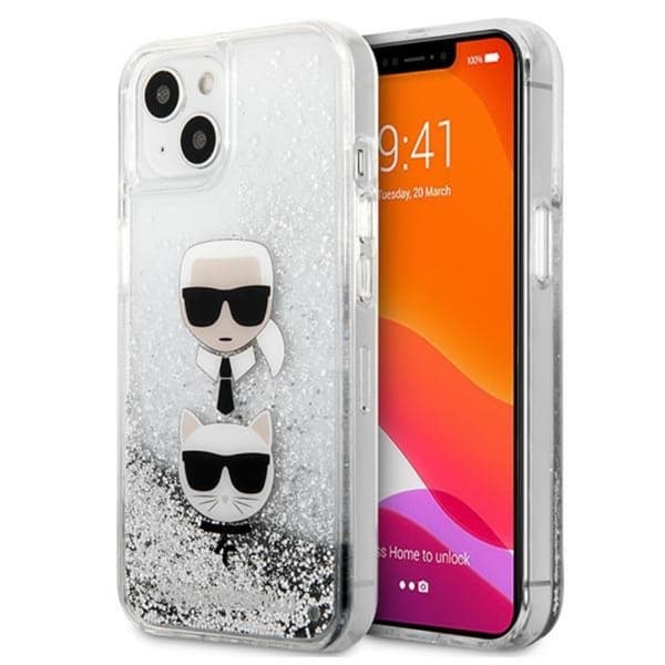 Karl Lagerfeld Liquid Glitter Karl & Choupette Head - iPhone 13 minifodral (silver)