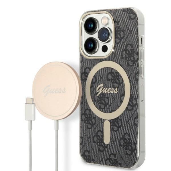 Guess Bundle Pack MagSafe 4G - MagSafe iPhone 14 Pro fodral + laddare set (svart/guld)