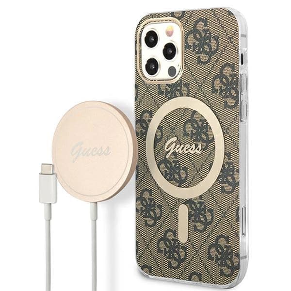 Guess Bundle Pack MagSafe 4G - MagSafe fodral + laddare iPhone 12 / iPhone 12 Pro (brun/guld)